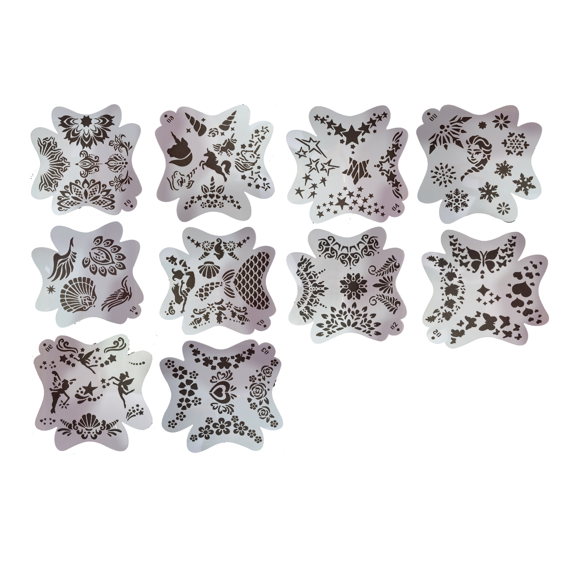Stencil reutilizable para pintacaritas – Diseños infantiles (Set de 10)