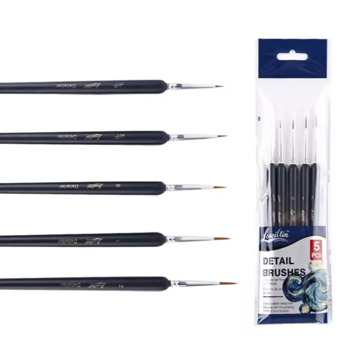 Pinceles Profesionales de Delineado y Detalle Fino Negro Mate – Set 5 pzs