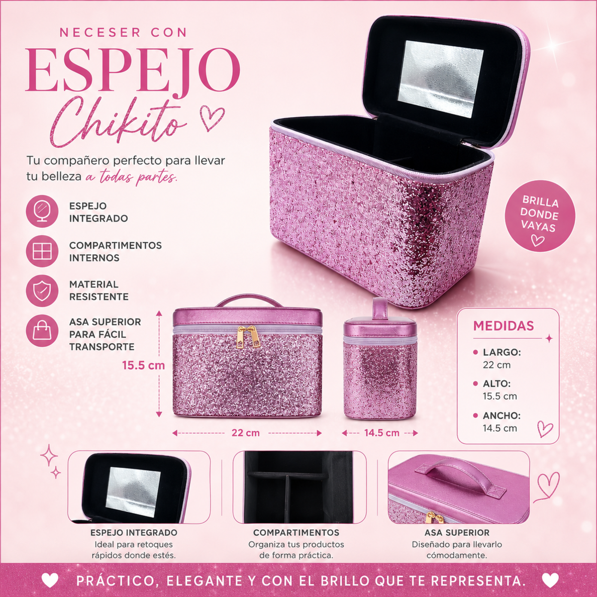 Cosmetiquera Glitter Rosa con Espejo Integrado
