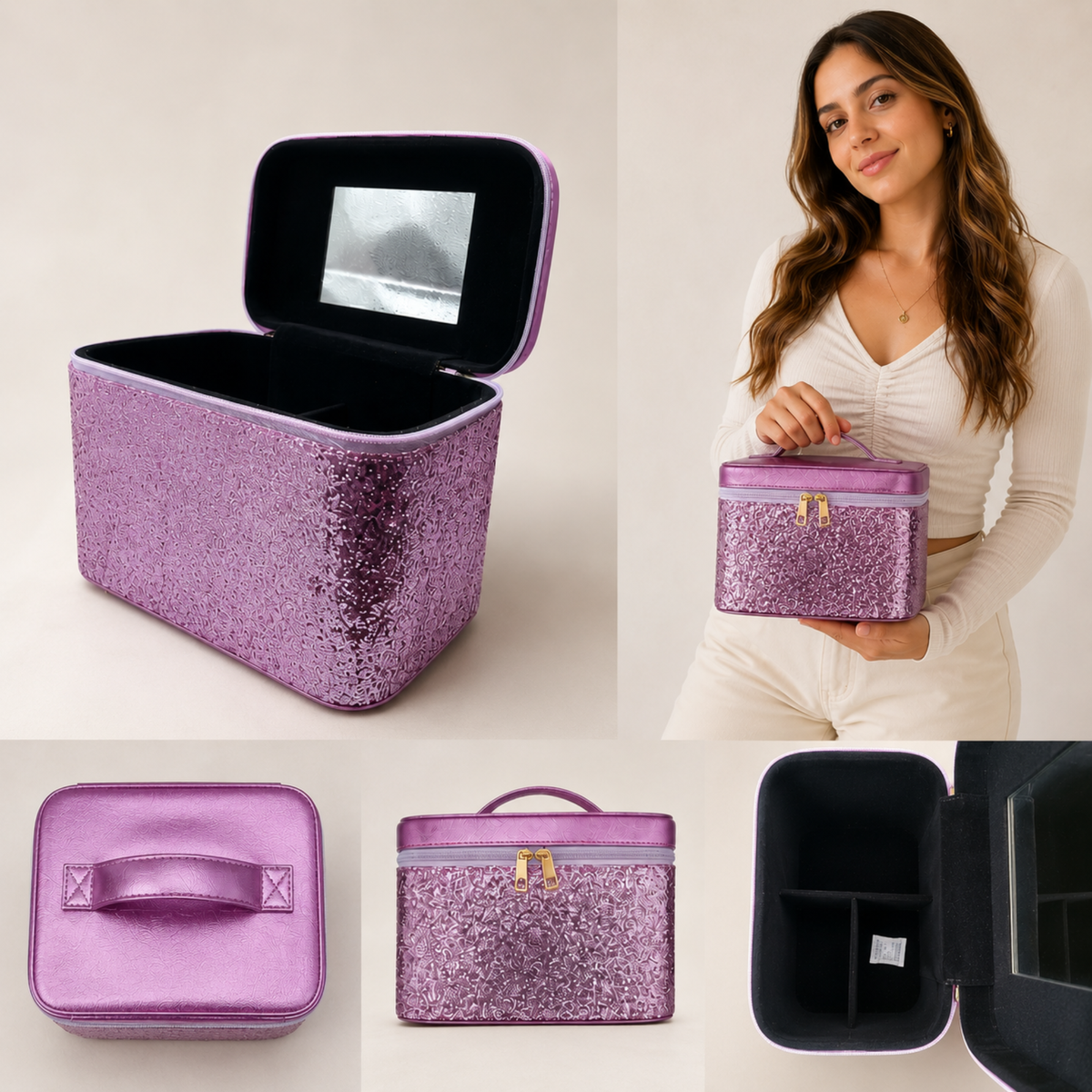 Cosmetiquera Glitter Rosa con Espejo Integrado