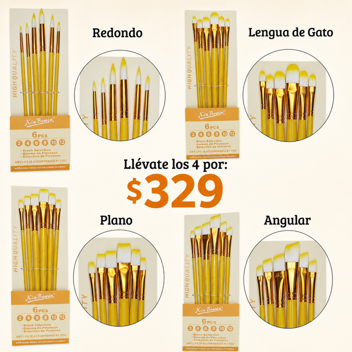 Kit 4 Sets de Pinceles Amarillos Xin Bowen | Redondo, Lengua de Gato, Plano y Angular