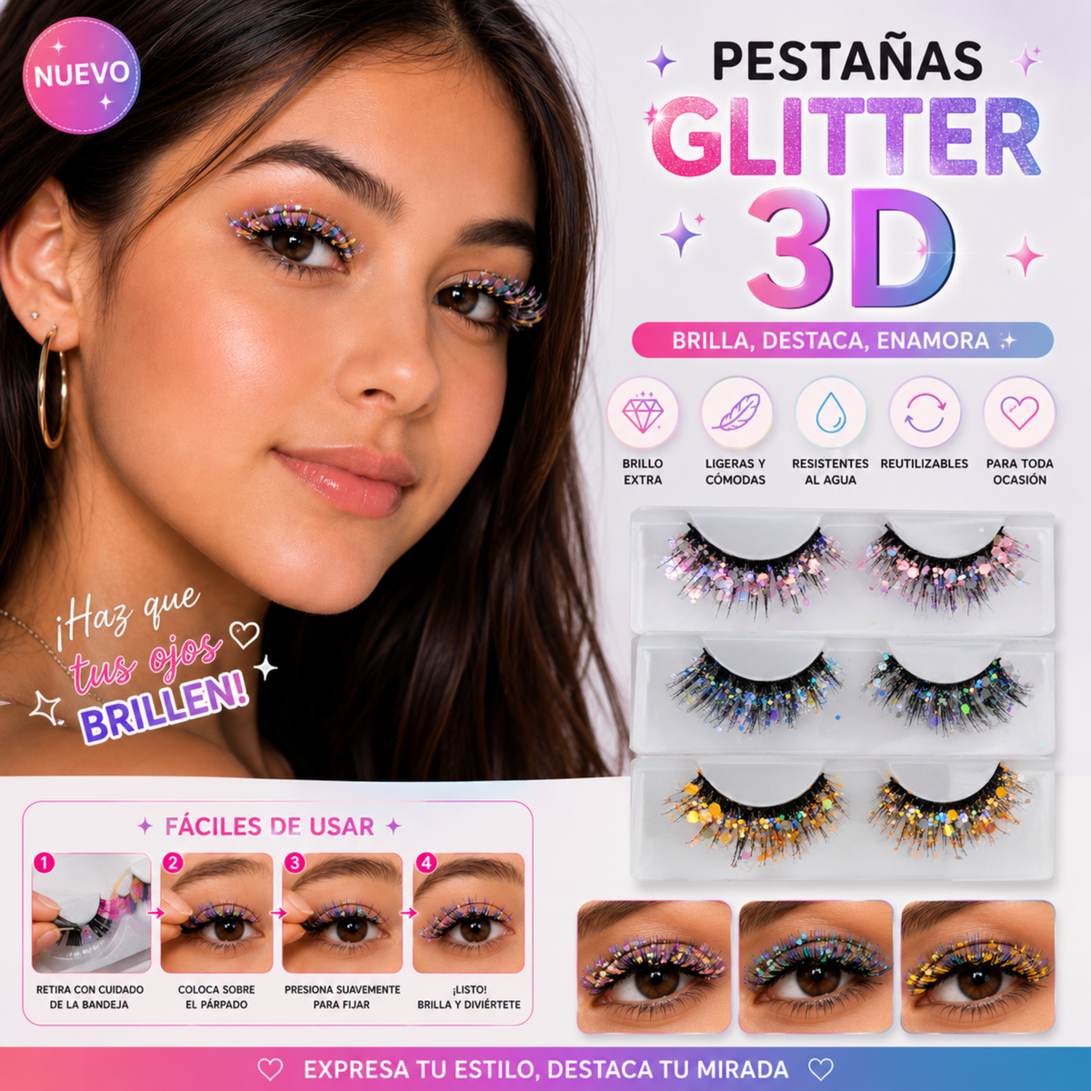Pestaña Postiza con Glitter 3D