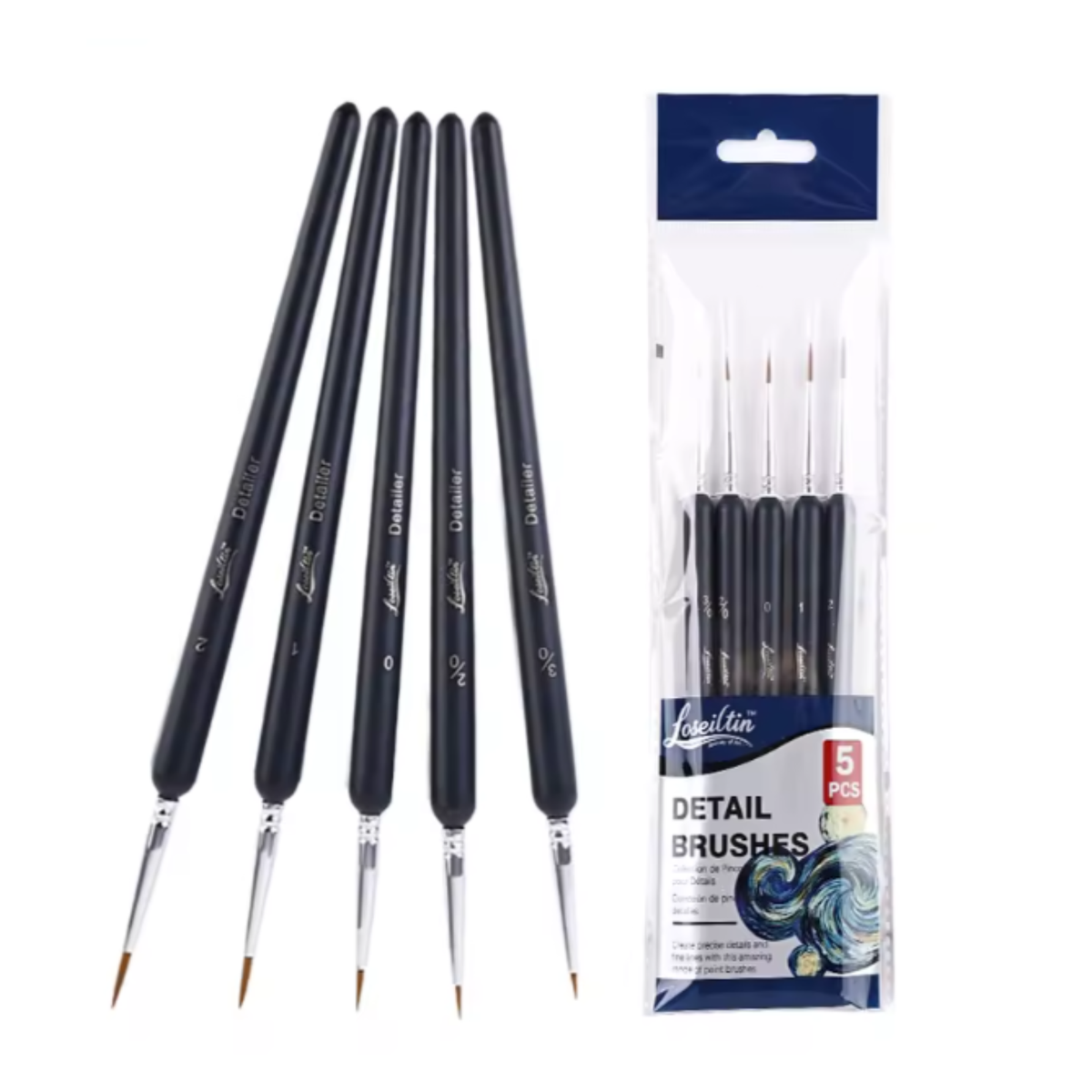 Pinceles Profesionales de Delineado y Detalle Fino Negro Mate – Set 5 pzs